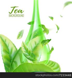 Realistic green tea leaves in a drop . Vector illustration
