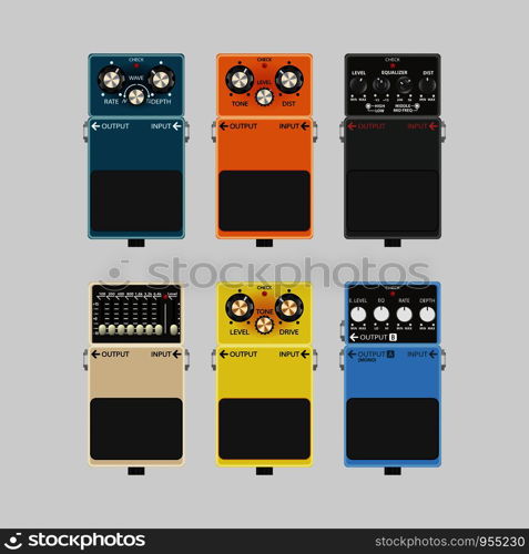 Realistic guitar effects pedal and stomp boxes, vector illustration