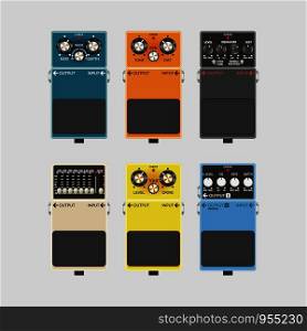 Realistic guitar effects pedal and stomp boxes, vector illustration