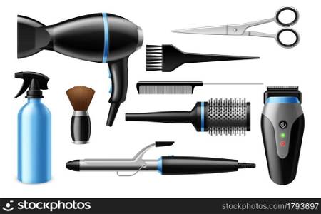 Realistic hairdresser tools. 3D professional salon accessories. Isolated fashion barber equipment set. Beauty industry and hair care instruments. Vector scissors or curling iron, clippers and combs. Realistic hairdresser tools. 3D professional salon accessories. Isolated barber equipment set. Beauty and hair care instruments. Vector scissors or curling iron, clippers and combs
