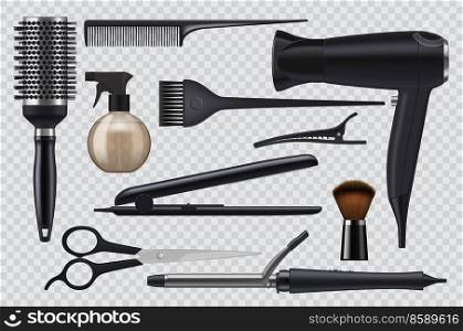 Realistic hairdresser tools, barbershop salon items 3d vector. Professional hairstyle accessories with scissors, hairdryer, curling iron and comb, shaving brush, sprayer and barrette appliance. Realistic hairdresser tools, barbershop items