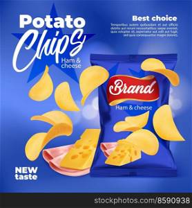 Realistic ham and cheese flavored potato chips snack food package. 3d vector poster with crunchy ripple chips snack pieces and blue foil bag. Delicious crisp meal promotion chips in pack. Realistic ham and cheese flavored potato chips