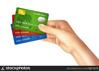 Realistic hand holding chip plastic credit cards isolated on white background vector illustration. Hand Holding Credit Cards