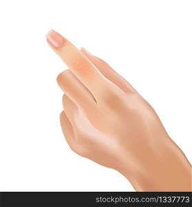 Realistic Hand, Left Back Palm Woman. Vector Illustration Human Thumb Gesture on White Background. Female Hands Forefinger Pointing. Fingers Bent Except Index Finger. Touch Up Arm Body Sign.. Realistic Hand Woman Forefinger Pointing Touch.