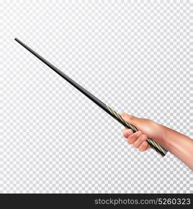 Realistic Hand With Magic Wand. Male hand holding long black magic wand with pattern on transparent background realistic vector illustration