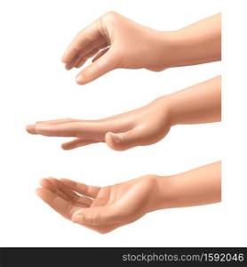 Realistic hands. Woman various gestures hand holding, extrusion and pressure fingers position, isolated human arm collection, interactive female body closeup 3d parts vector set on white background. Realistic hands. Woman various gestures hand holding, extrusion and pressure fingers position, isolated human arm collection, interactive female body closeup 3d parts vector set