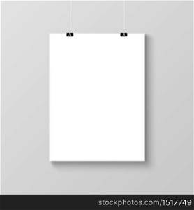 Realistic hanging blank poster template mockup, vector illustration