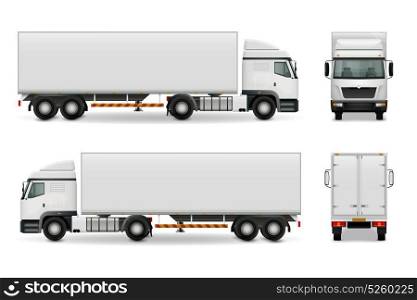 Realistic Heavy Truck Advertising Mockup. Realistic heavy truck with white cab and trailer, side view front and rear advertising mockup vector illustration