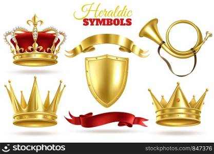 Realistic heraldic symbols. Golden crowns, king and queen gold diadem. Trumpet, shield and ribbons royal vintage vector monarchy royality luxury medieval decoration. Realistic heraldic symbols. Golden crowns, king and queen gold diadem. Trumpet, shield and ribbons royal vintage vector decoration