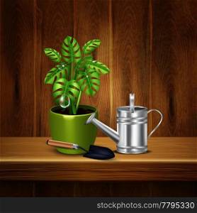 Realistic herb background with decorative plant in flowerpot shovel and watering can on wooden shelf vector illustration  .  Realistic Herb Background