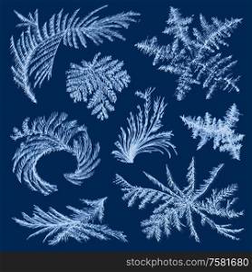 Realistic hoarfrost frost ice set with isolated images of winter glass paintings of various shape vector illustration
