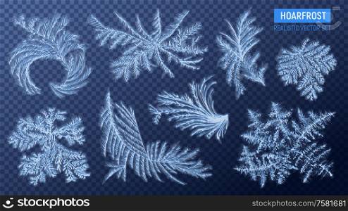 Realistic hoarfrost transparent set with isolated images of snowy swirls on transparent background with text vector illustration