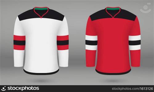 Realistic hockey kit, shirt template for ice hockey jersey. New Jersey Devils. Shirt template forice hockey jersey
