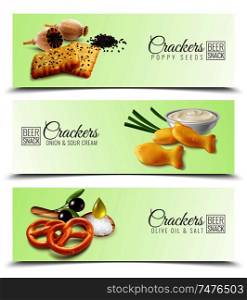 Realistic horizontal banners promoting crackers with poppy seeds onion and sour cream olive oil and salt vector illustration