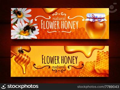 Realistic horizontal banners set with bees combs and jar full of natural flower honey isolated on wooden background vector illustration. Realistic Honey Banners