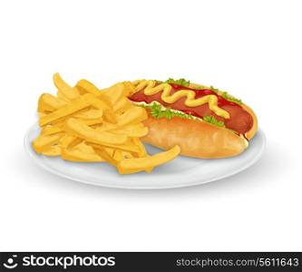 Realistic hot dog and french fries fast food on plate isolated on white background vector illustration