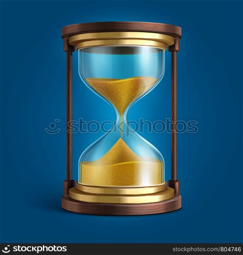 Realistic hourglass, sand clock timer vector illustration. Time and hourglass, glass timer with sand. Realistic hourglass, sand clock timer vector illustration