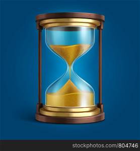 Realistic hourglass, sand clock timer vector illustration. Time and hourglass, glass timer with sand. Realistic hourglass, sand clock timer vector illustration