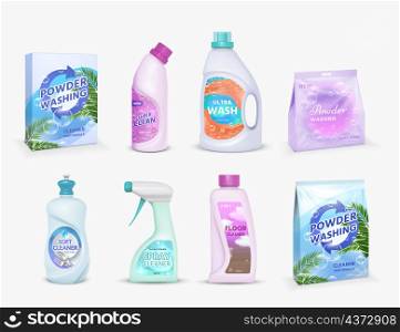 Realistic household cleaning product package with label design. Detergent powder in box, bleach in bottle, disinfectant vector set. Illustration of product realistic household, container detergent. Realistic household cleaning product package with label design templates. Detergent powder in box, bleach in bottle, disinfectant vector set