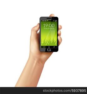 Realistic human hand holding mobile smartphone with starting interface screen isolated on white background vector illustration. Hand With Mobile Phone