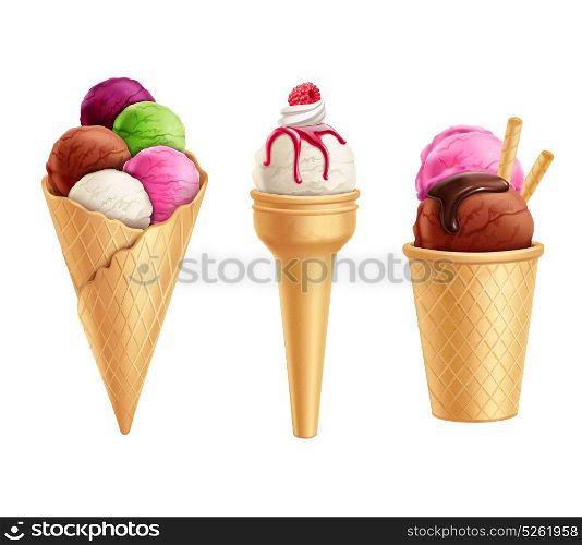 Realistic Ice Cream Set. Set of realistic colorful ice cream in waffle cones with berry and chocolate syrup isolated vector illustration