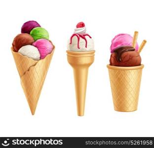 Realistic Ice Cream Set. Set of realistic colorful ice cream in waffle cones with berry and chocolate syrup isolated vector illustration