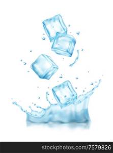 Realistic ice cubes splashes composition with view of cubes falling into cold water with drops vector illustration
