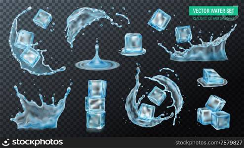 Realistic ice cubes water splash set with isolated images of liquid on transparent background with text vector illustration