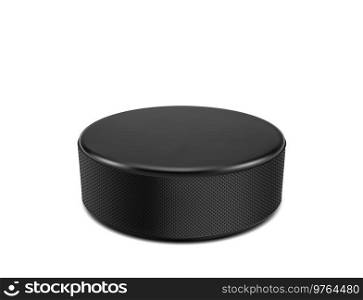 Realistic ice hockey puck, isolated 3d vector black rubber puck. Sports equipment of ice hockey game, tournament and competition on rink. Realistic ice hockey puck, isolated 3d vector disk