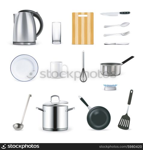Realistic Icons Of Kitchen Utensils. Design icons set of kitchen utensils in realistic style vector illustration