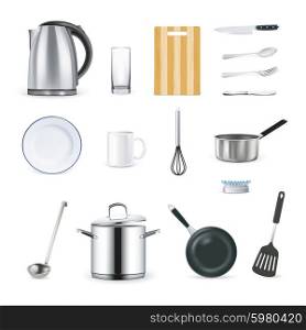 Realistic Icons Of Kitchen Utensils. Design icons set of kitchen utensils in realistic style vector illustration