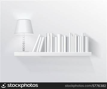 Realistic illustration of bookshelf on the wall with lamp and books