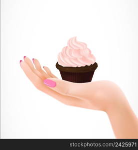 Realistic illustration of cameo pink cream cupcake on woman palm. Cooking, tasty dessert, treat. Celebration concept. Design element for greeting cards, posters, leaflets and brochures. Cupcake on Woman Palm