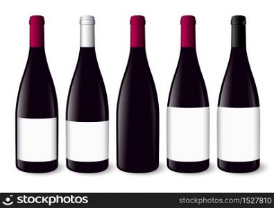Realistic illustration of red wine bottlesRed, silver and black bottle capsule. Different sizes of white labels. Mockup. Vectorial illustration