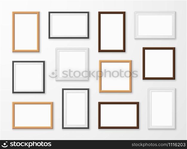 Realistic image frames. Picture frame in different colors, hanging blank pictures on gallery wall of modern interior lighting framing templates vector set. Realistic image frames. Picture frame in different colors, hanging blank pictures on gallery wall of modern interior templates vector set