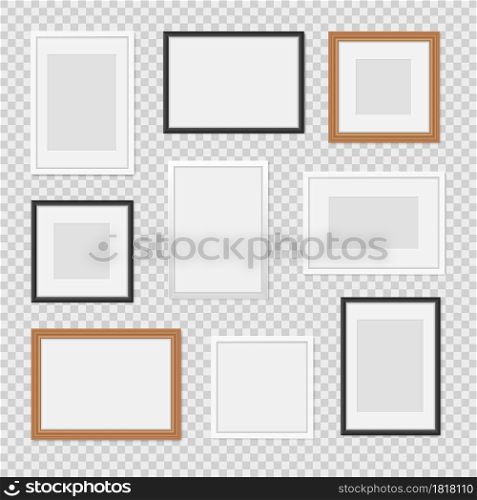 Realistic image frames. Simple wall painting borders, modern minimalist frames style, different types baguette with passepartout wooden and plastic 3d photoframes vector set. Realistic image frames. Simple wall painting borders, modern minimalist frames style, different types baguette with passepartout. Vector set
