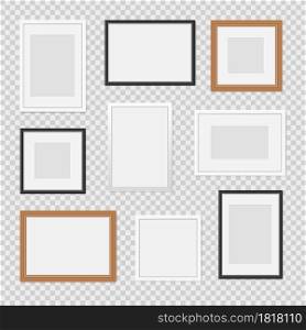 Realistic image frames. Simple wall painting borders, modern minimalist frames style, different types baguette with passepartout wooden and plastic 3d photoframes vector set. Realistic image frames. Simple wall painting borders, modern minimalist frames style, different types baguette with passepartout. Vector set