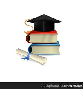 Realistic image of graduation cap on books and diploma. College, bachelor, university. Graduation concept. Can be used for topics like science, education, personal development