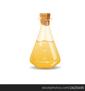 Realistic image of yellow liquid in measuring flask. Chemical, oil, reagent. Chemistry concept. Can be used for topics like science, cooking, biochemistry