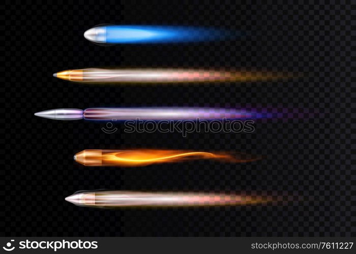 Realistic images of colorful flying bullets traces on transparent background isolated vector illustration