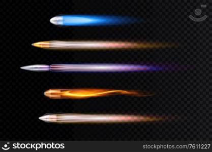 Realistic images of colorful flying bullets traces on transparent background isolated vector illustration