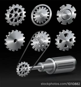 Realistic industrial gear set isolated on dark background. Vector illustration.