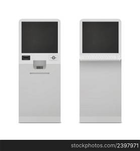 Realistic information self service terminal computer stand set isolated vector illustration