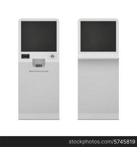 Realistic information self service terminal computer stand set isolated vector illustration