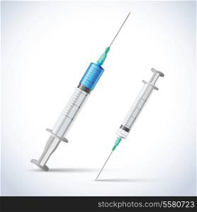 Realistic injection vaccine syringes medicine health care emblem vector illustration