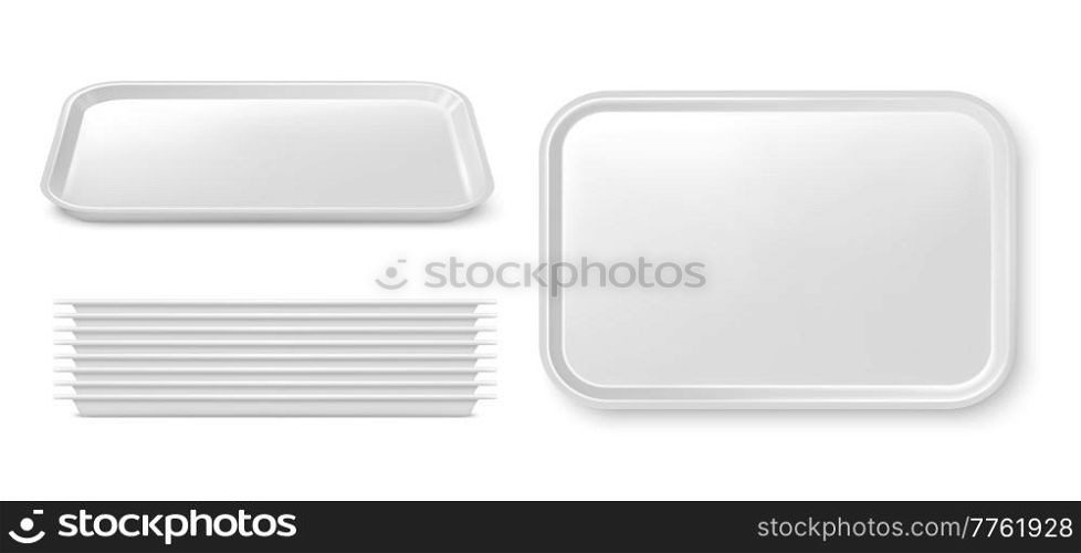 Realistic isolated plastic food trays, serving platters or plates 3d vector. Empty white plastic tray mockup and stack. Fast food restaurant, cafeteria, cafe or catering service dishware. Realistic isolated plastic food trays or platters