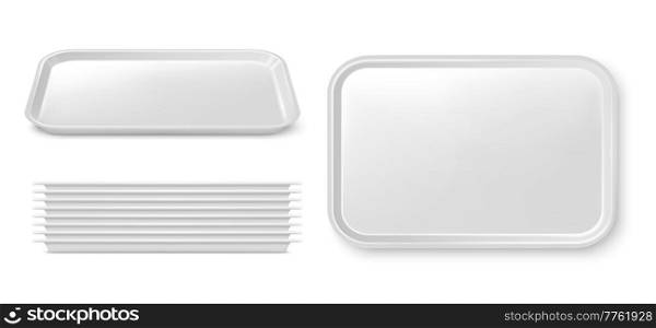Realistic isolated plastic food trays, serving platters or plates 3d vector. Empty white plastic tray mockup and stack. Fast food restaurant, cafeteria, cafe or catering service dishware. Realistic isolated plastic food trays or platters
