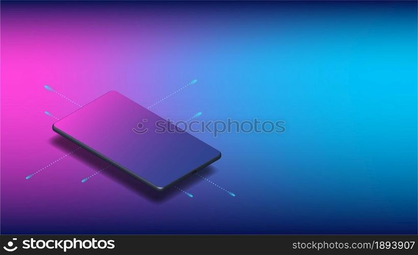 Realistic isometric mobile phone with copy space for presentation of UI, UX, App. For banners, mockups, and website templates. Vector illustration.