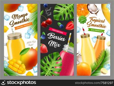 Realistic jar cocktail smoothie banners set of three vertical backgrounds with glass bottles berries and leaves vector illustration