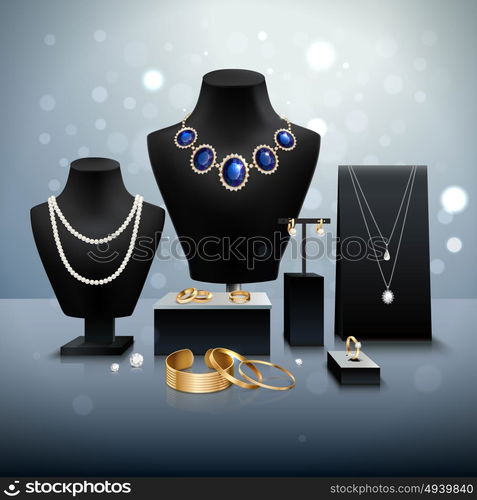 Realistic Jewelry Display. Realistic gold and silver jewelry display on black mannequins and stands on grey surface and background with bokeh vector illustration